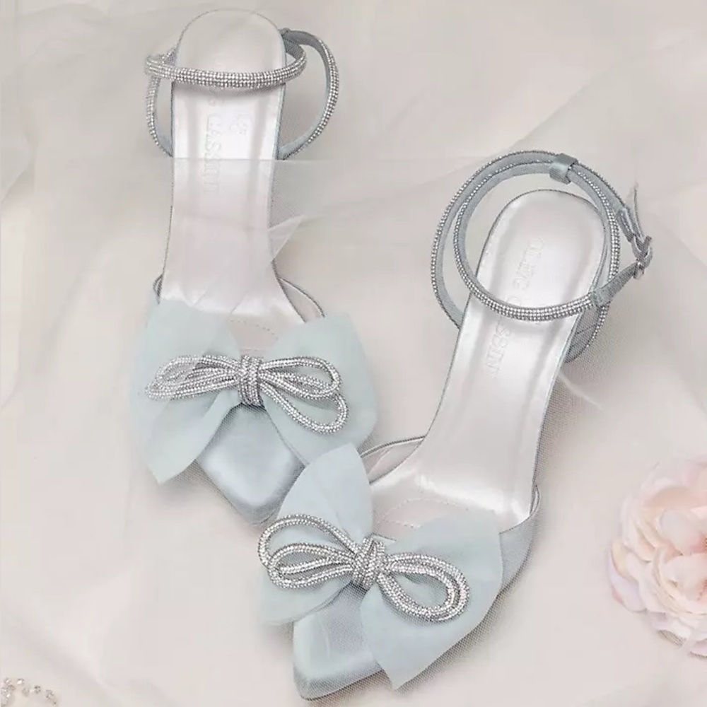 Oleg Casini Crystal Rope Pointed-Toe Organza Bow Heels